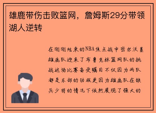 雄鹿带伤击败篮网，詹姆斯29分带领湖人逆转